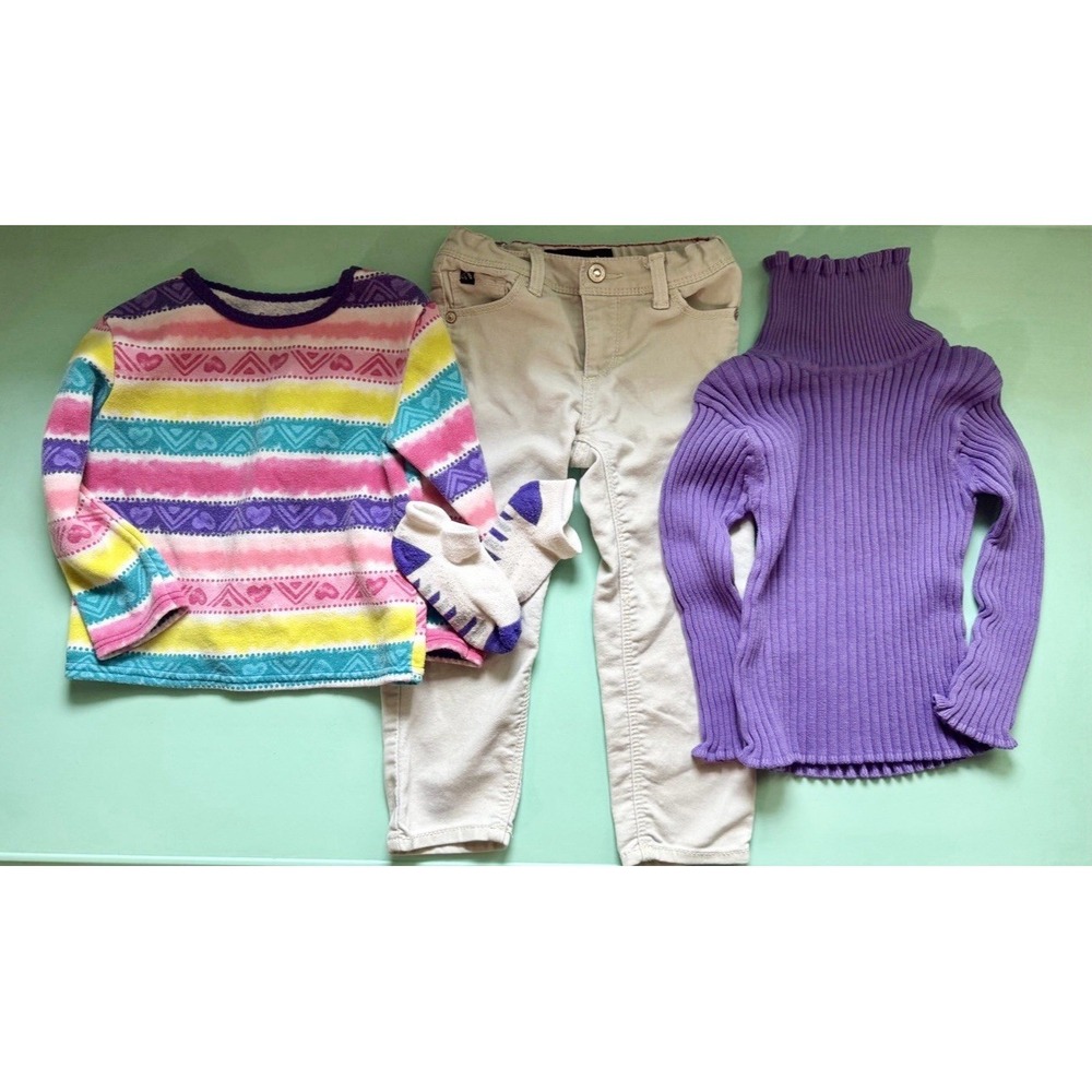 Girls Jordache Pants + Sweaters Lot | Size 3T | Purple Knit & Stripe Top I Socks